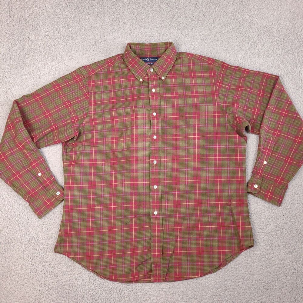 Ralph Lauren Shirt Mens XL Red Green Plaid Flannel Classic Fit Button Down